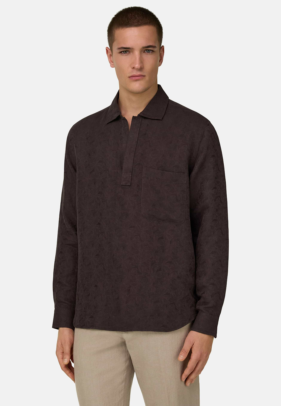 Chemise En Lin Mélangé Coupe Classique, Marron foncé, hi-res