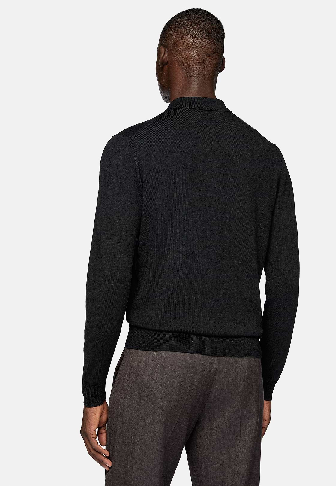 Black Merino Wool Knitted Polo Shirt, Black, hi-res