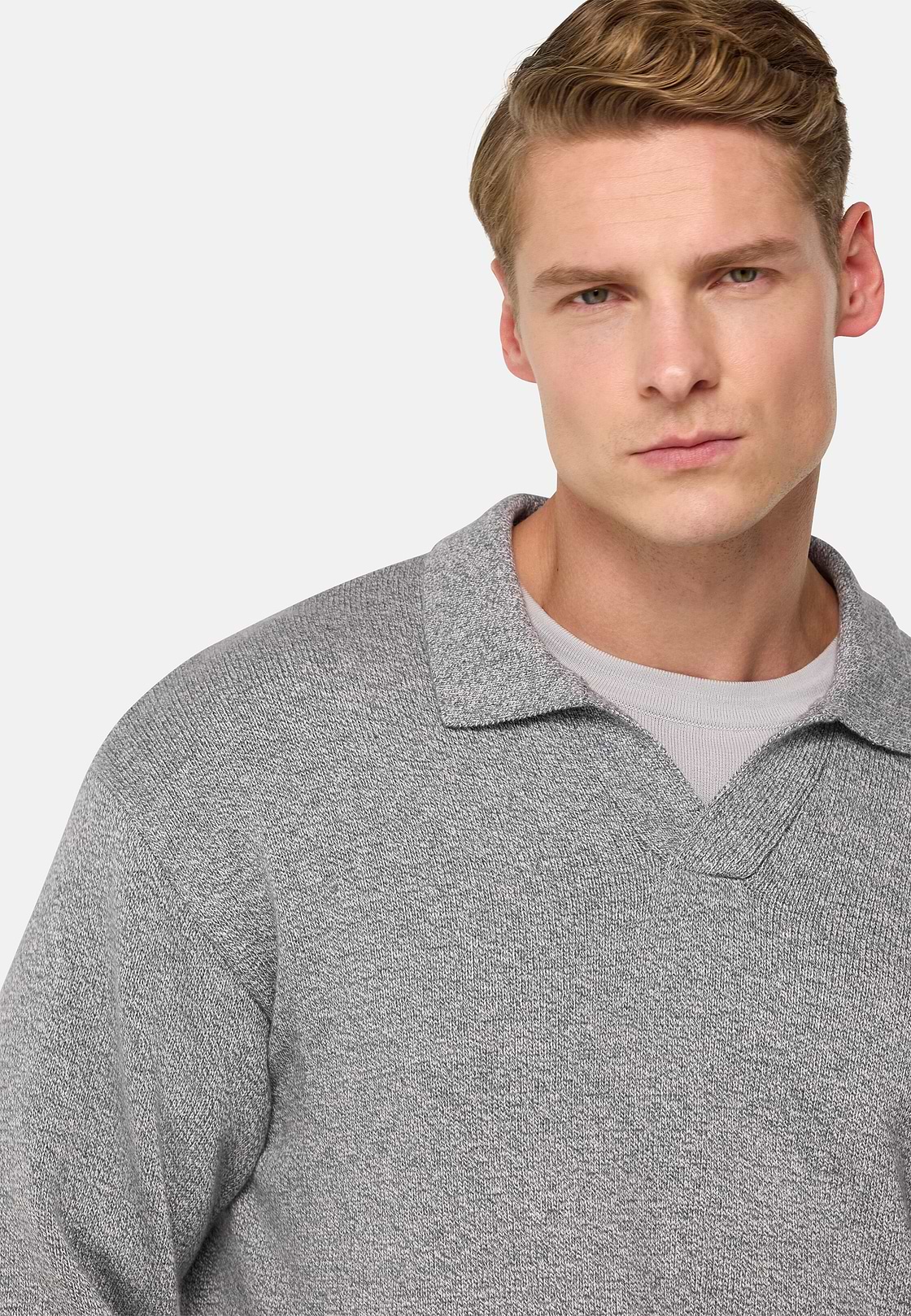 Cotton and Silk Knitted Polo Shirt, Grey, hi-res