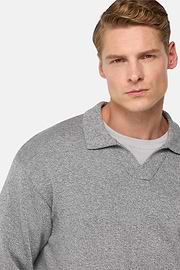 Cotton and Silk Knitted Polo Shirt, Grey, hi-res