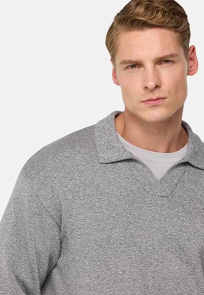 Cotton and Silk Knitted Polo Shirt, Grey, hi-res