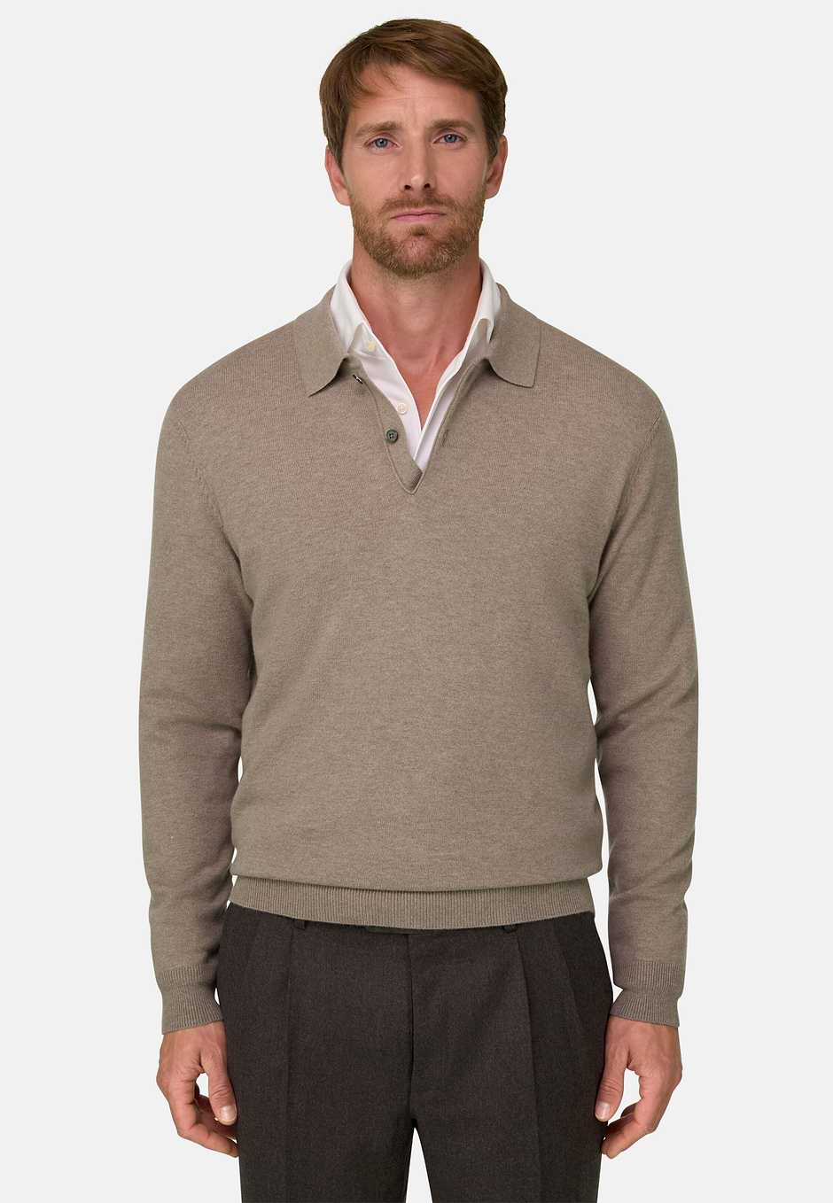 Knitted Polo Shirt in Cashmere Blend, Taupe, hi-res