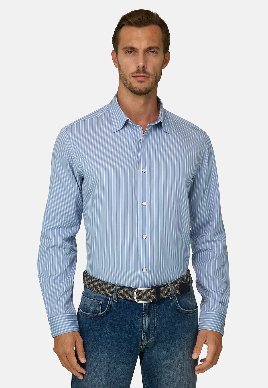 Camicia a Righe in Popeline Regular Fit, Blu, hi-res