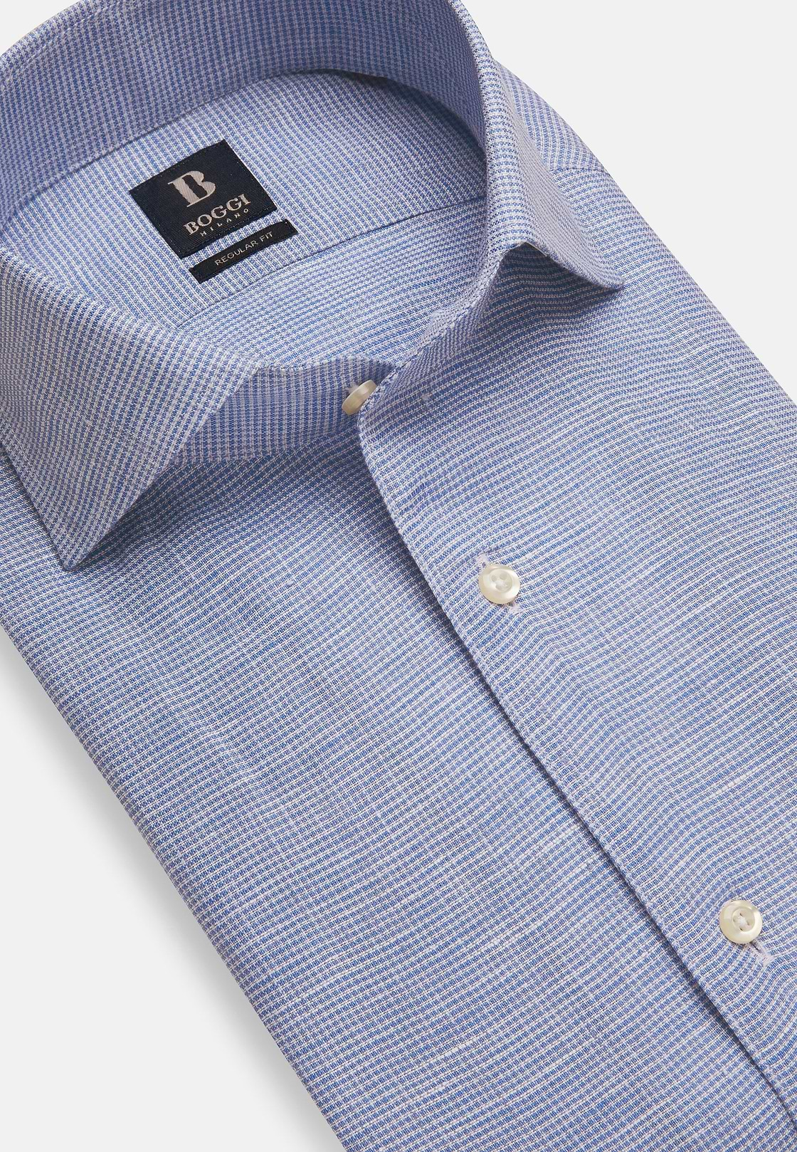 Sky Blue Houndstooth Linen Shirt, Regular, Light Blue, hi-res