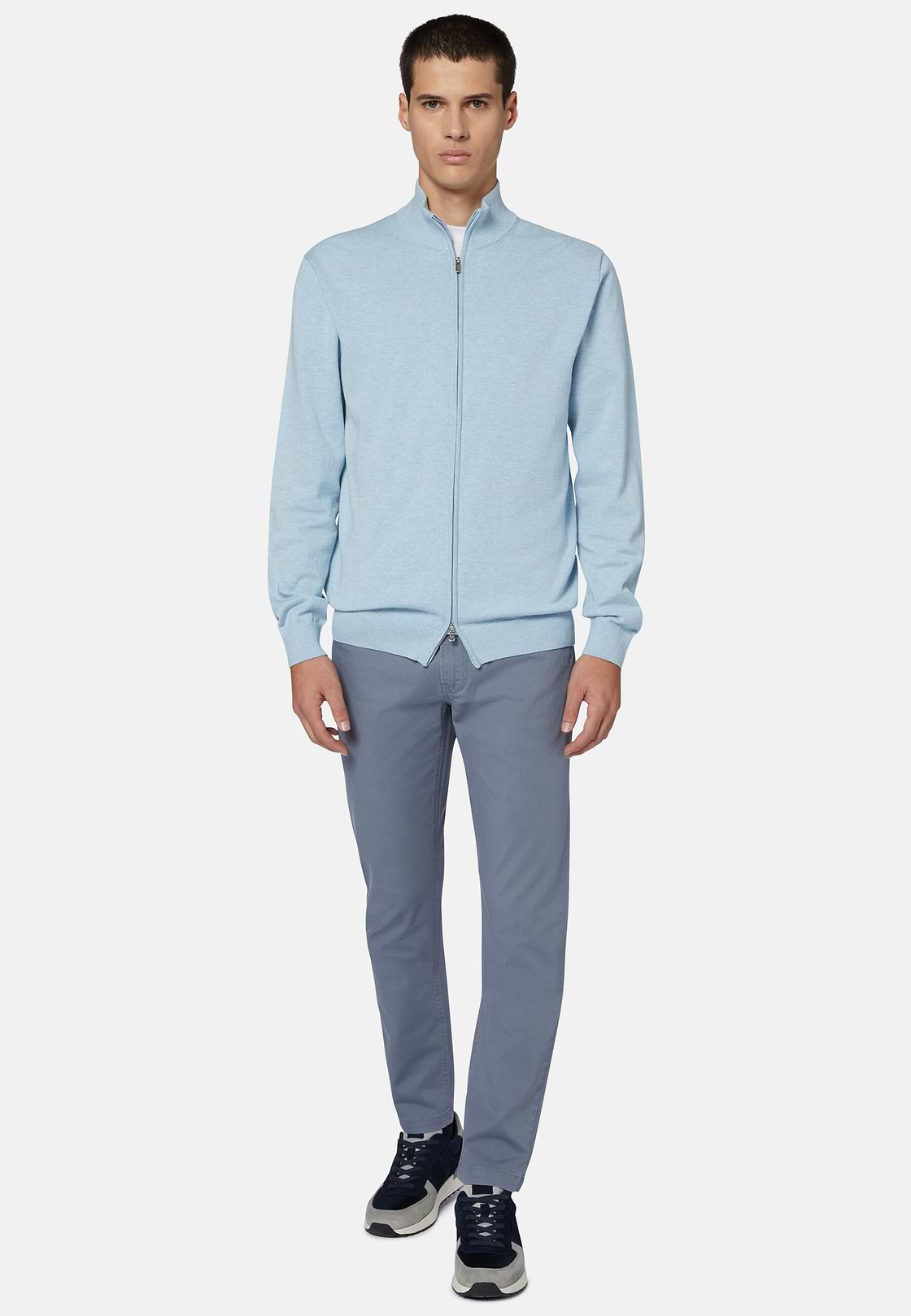 Cotton Full Zip Sweater 14Gg, Light Blue, hi-res