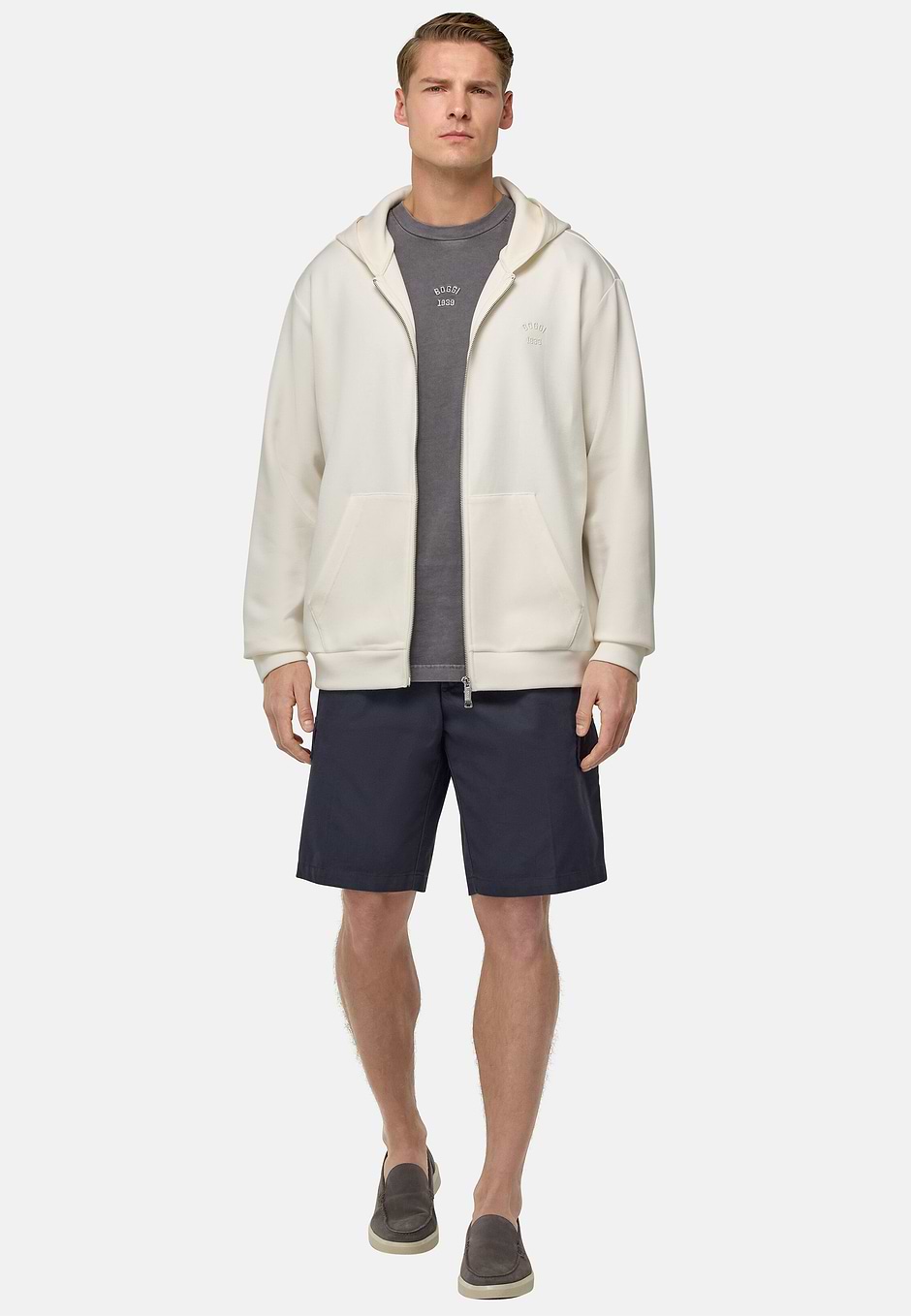 Cotton Blend Full-Zip Sweatshirt, Cream, hi-res