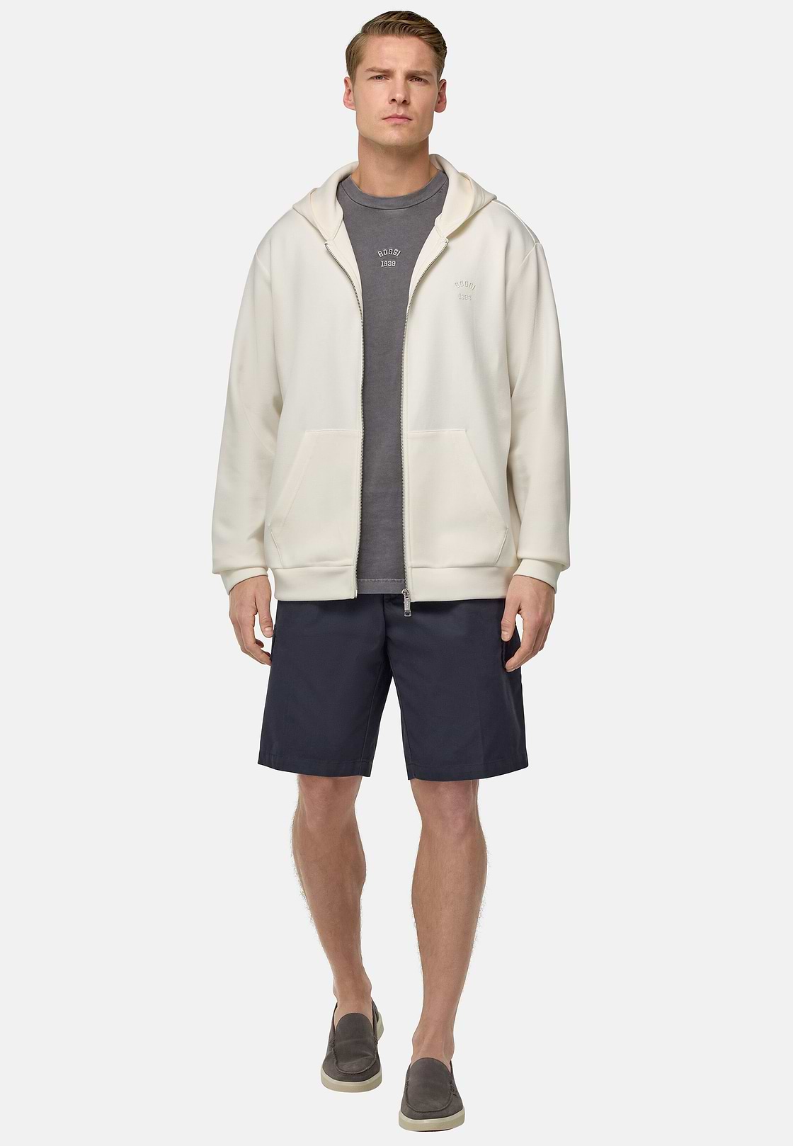 Cotton Blend Full-Zip Sweatshirt, Cream, hi-res
