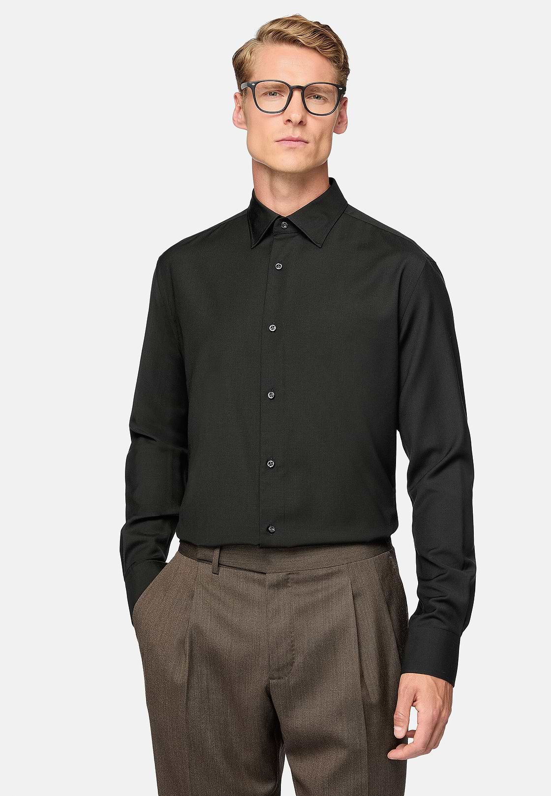 Camisa De Lana Regular Fit, Negro, hi-res