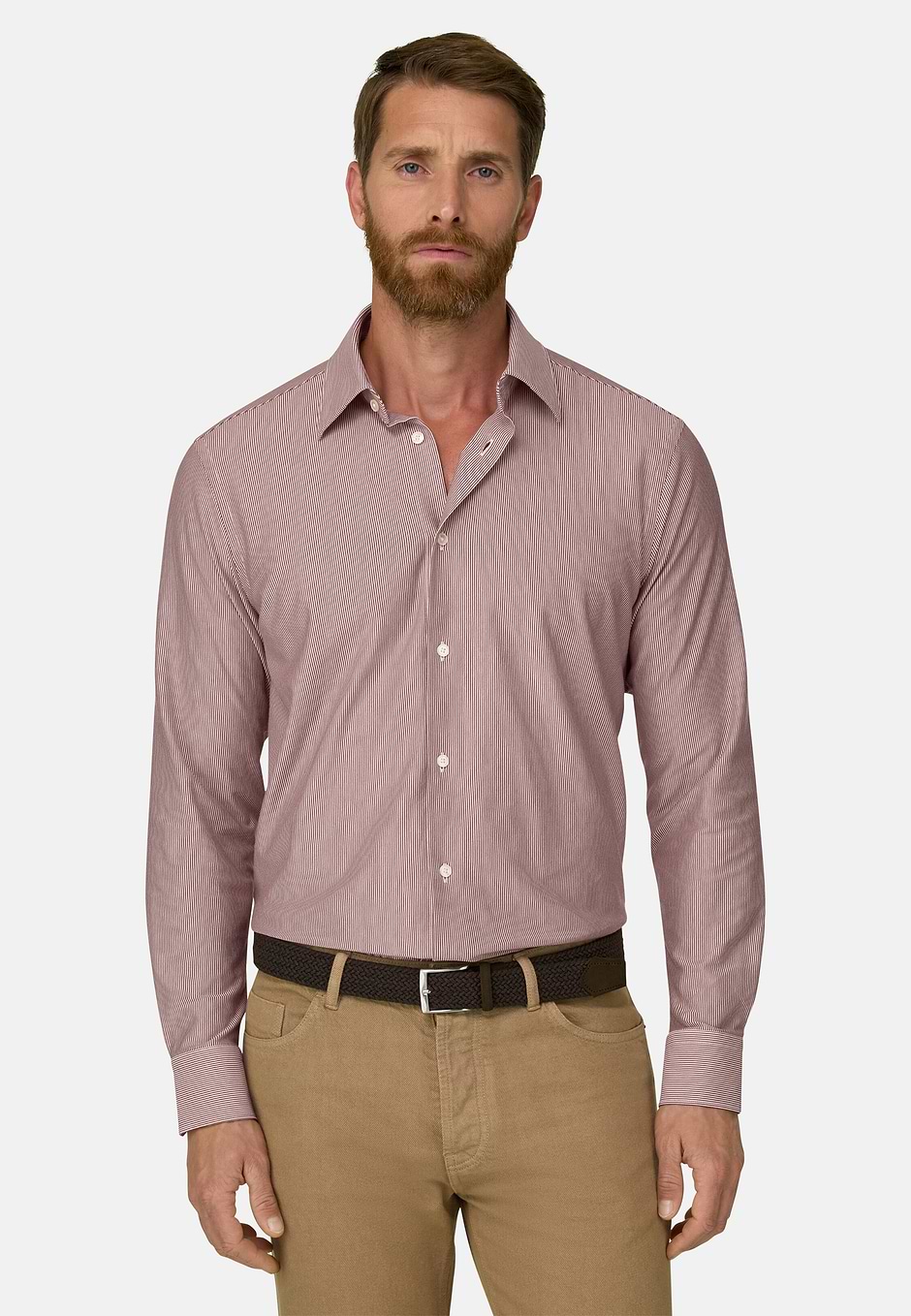 Camisa Polo a Rayas en Jersey Japonés Regular Fit, Burgundy, hi-res