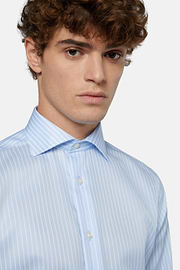 Camicia A Righe Azzurre In Twill Di Cotone Regular, Azzurro, hi-res