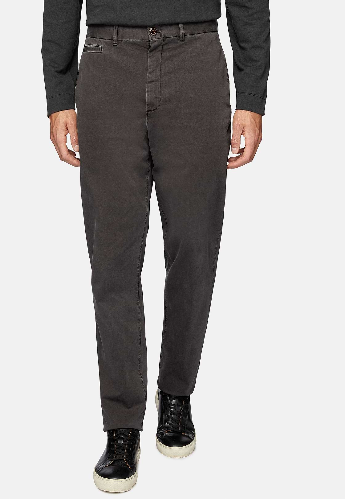 Stretch Cotton Gabardine Trousers, Brown, hi-res