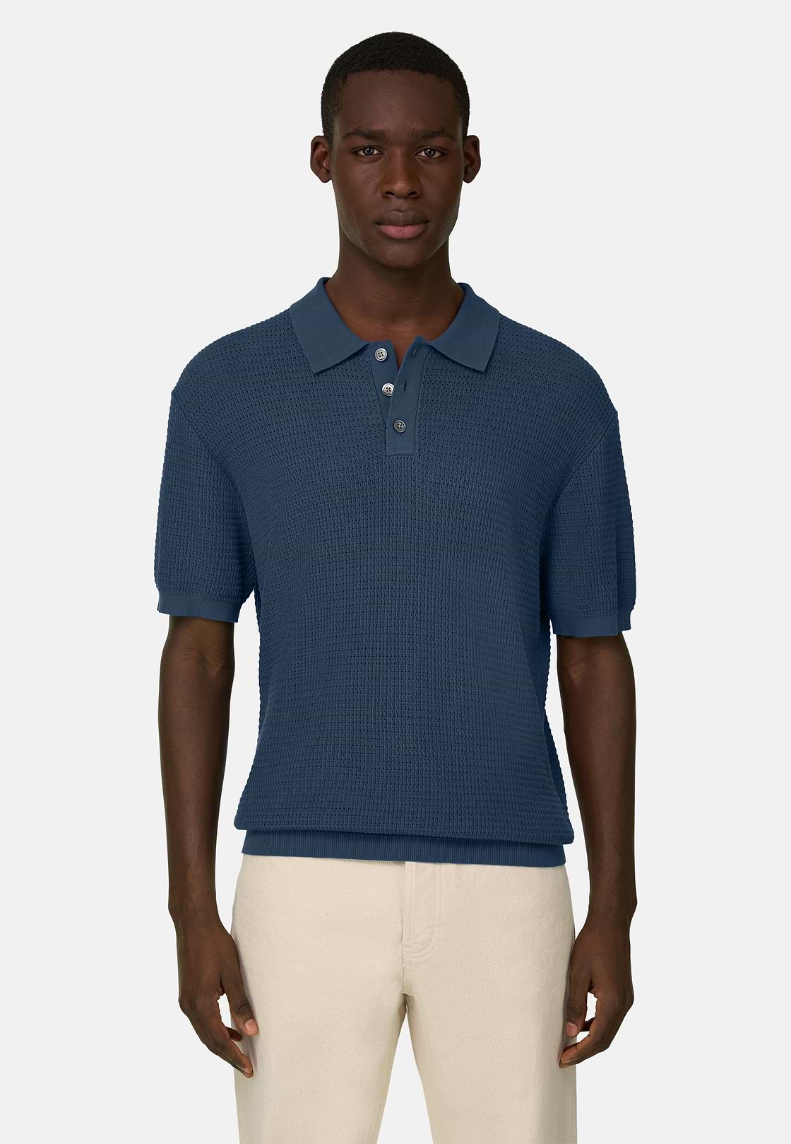 Knitted Polo Shirt in 100% Organic Cotton, Blue, hi-res, 1