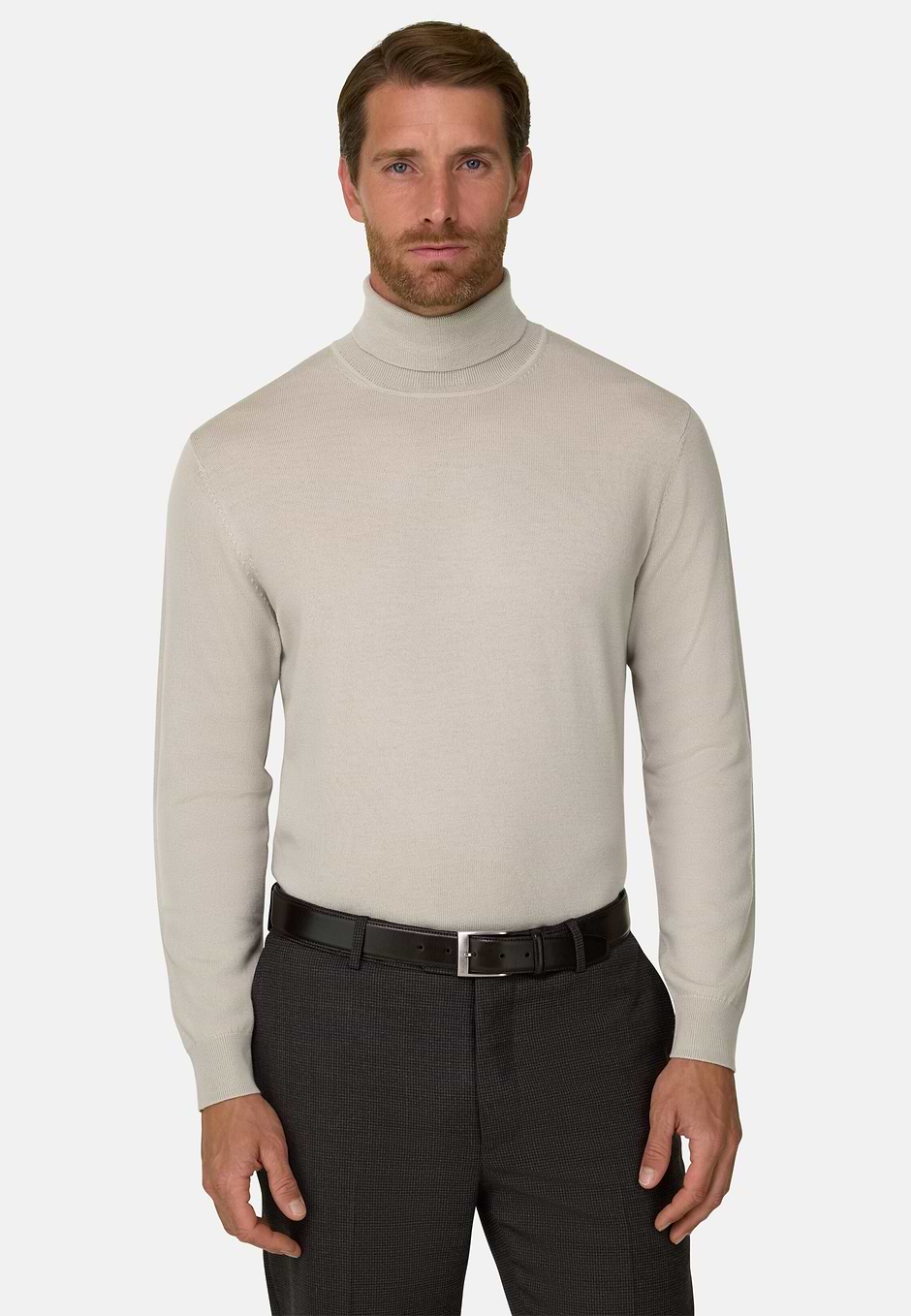 Turtleneck Jumper in Merino Wool, Sand, hi-res