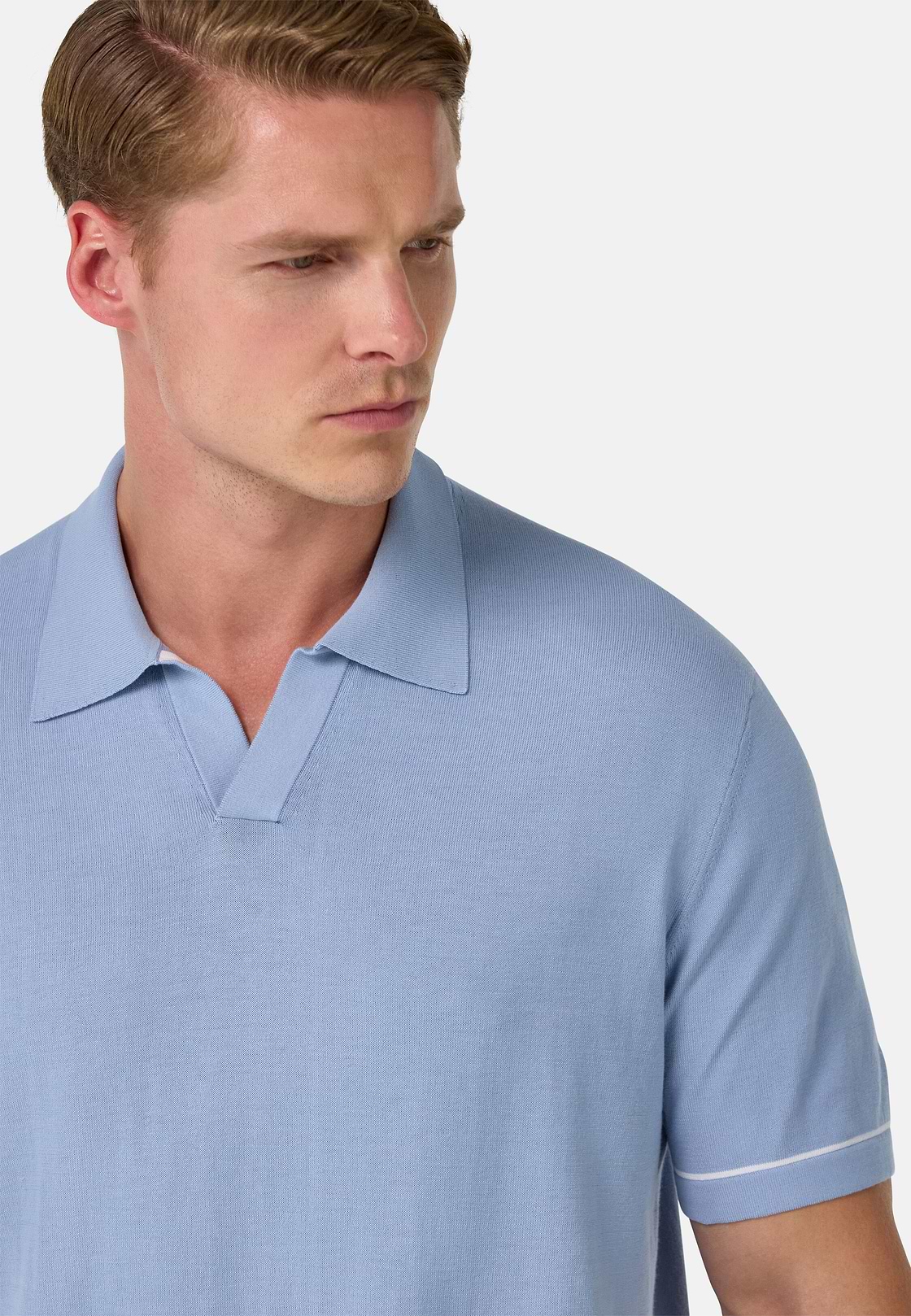 Cotton Crêpe Knit Polo Shirt, Light Blue, hi-res