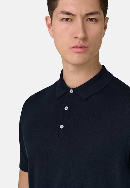 Koszulka polo dzianinowa z supercienkiej wełny, Navy blue, hi-res