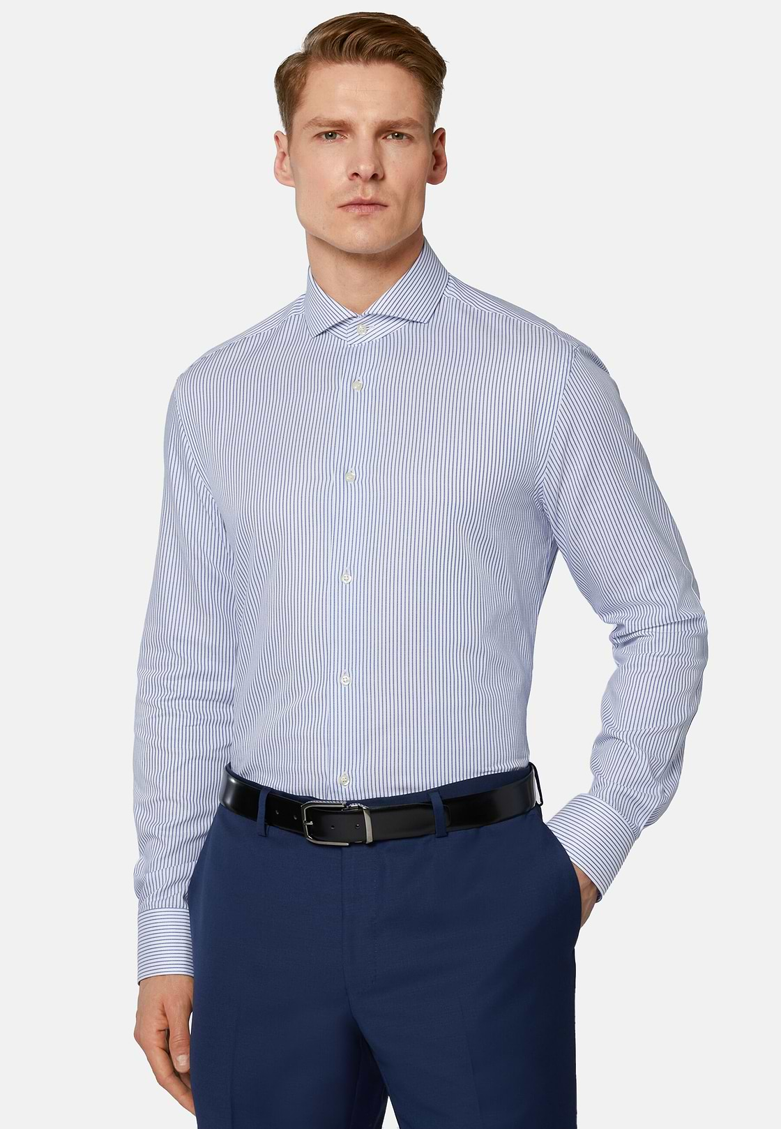 Striped Dobby Napoli Collar Shirt Slim Fit, Medium Blue, hi-res