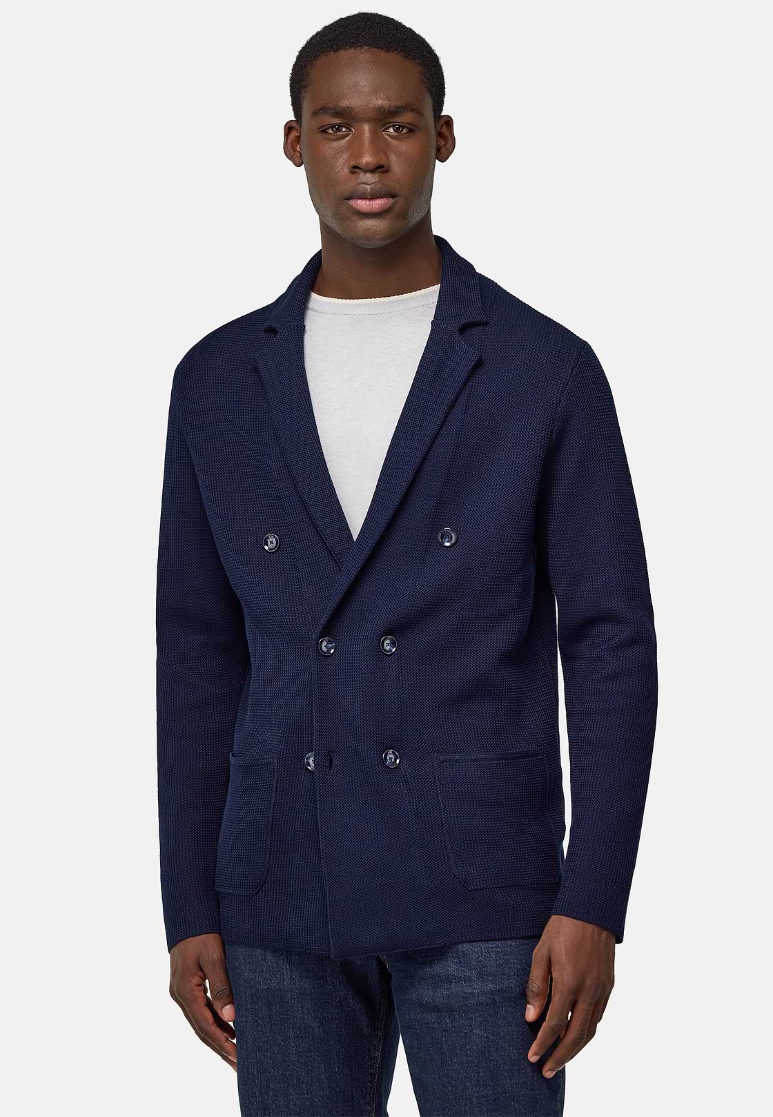 Double-Breasted Knitted Jacket in Cotton Crêpe, Navy blue, hi-res