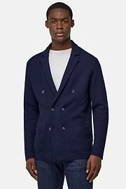 Double-Breasted Knitted Jacket in Cotton Crêpe, Navy blue, hi-res