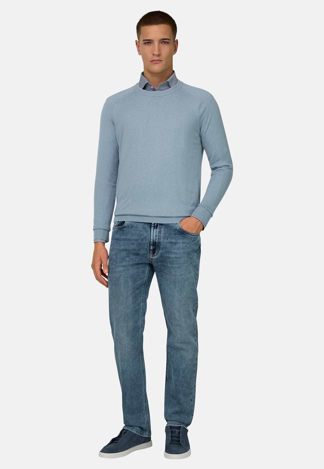 Pull Col Rond En Coton Soie Cachemire, Bleu clair, hi-res, 2