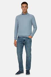 Pull Col Rond En Coton Soie Cachemire, Bleu clair, thumb, 2