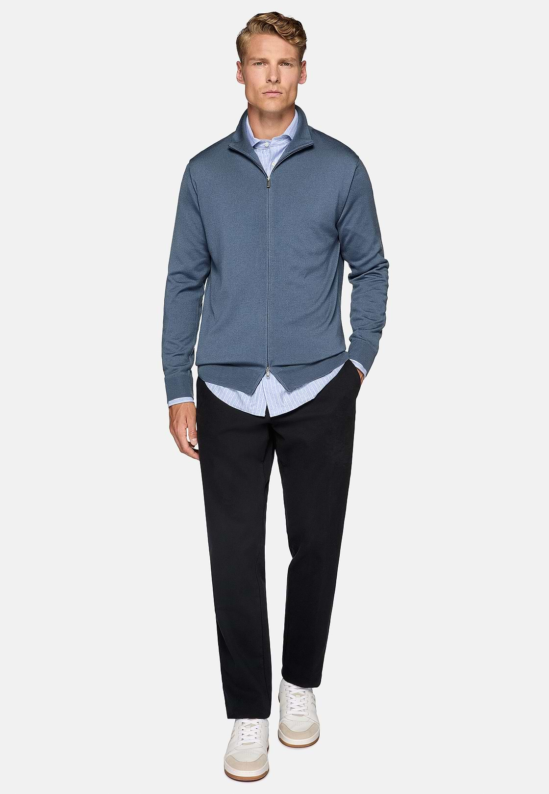 Indigo Merino Wool Half-Zip Jumper, Indigo, hi-res