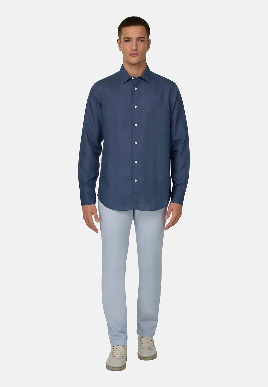 Camicia In Tencel Lino Regular Fit, Blu, hi-res