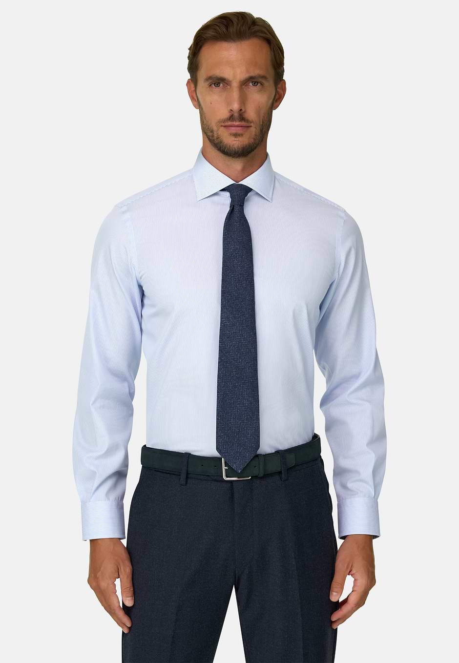 Chemise À Lignes en Coton Non-Iron Slim Fit, Bleu clair, hi-res