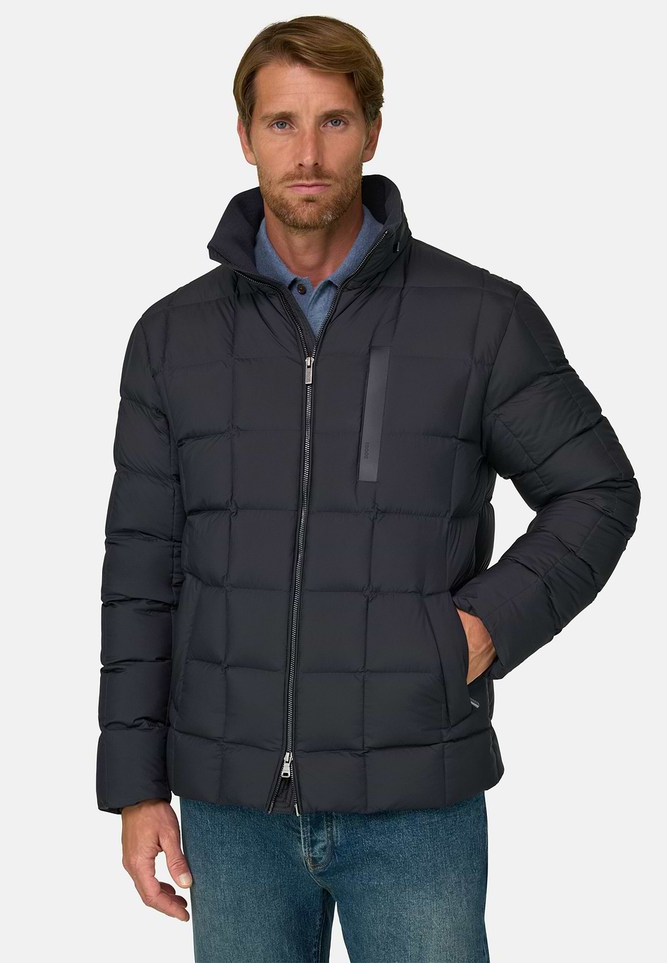 Bomber in Nylon Padded with Goose Down, Navy blue, hi-res