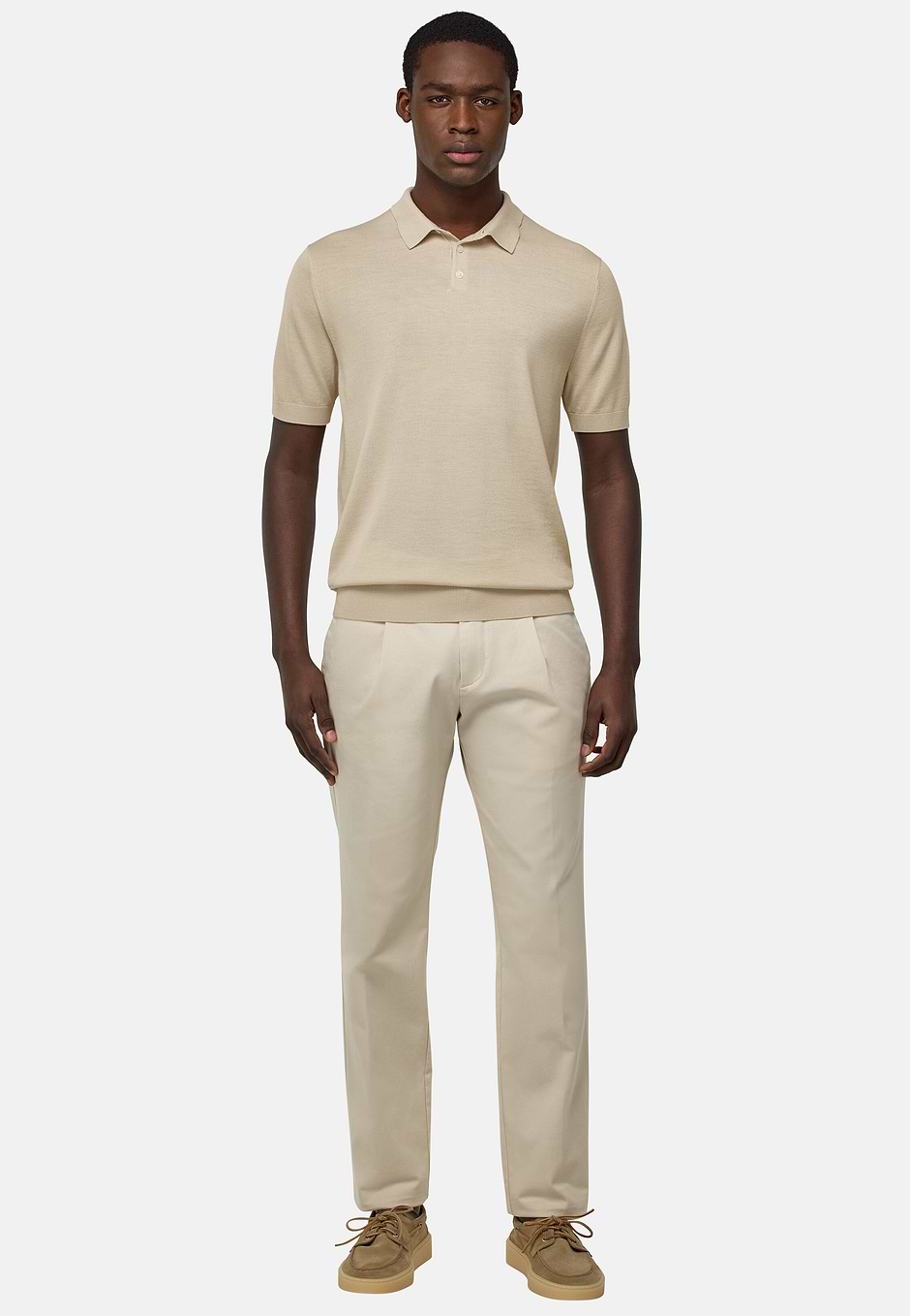 Knitted Merino Wool Polo, Sand, hi-res