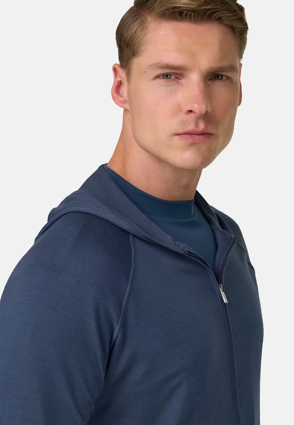 Dzianinowy sweter z kapturem z zamkiem błyskawicznym z bardzo cienkiej wełny, Air-blue, hi-res, 4