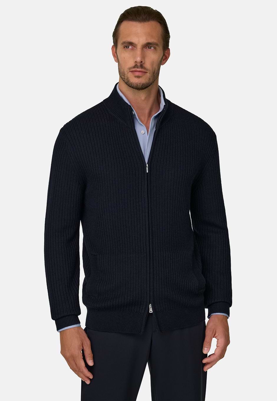 Full-Zip Jumper in Merino Wool, Navy blue, hi-res