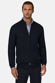 Full-Zip Jumper in Merino Wool, Navy blue, thumb, 1