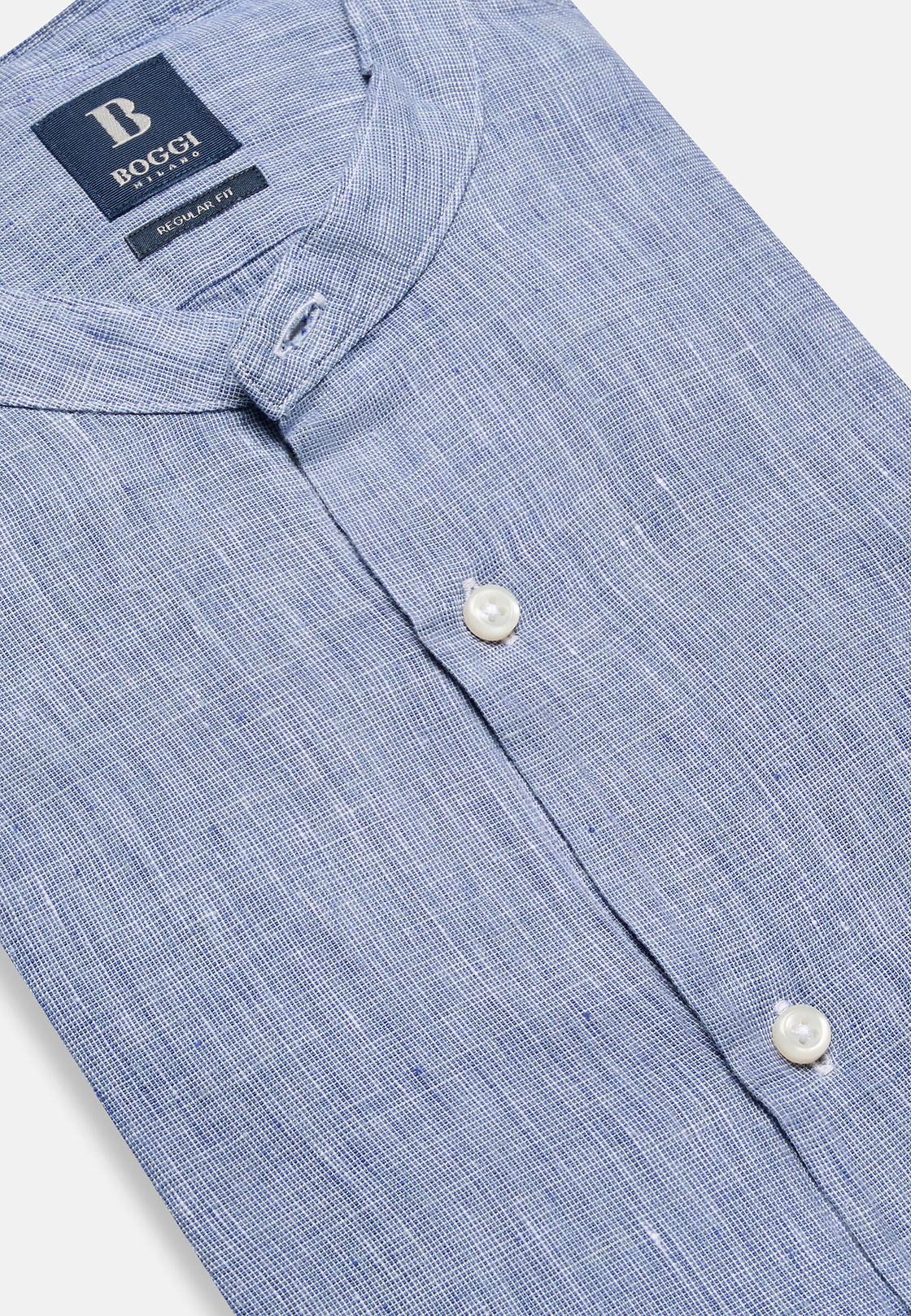 Chemise Col Mao en Lin, Bleu, hi-res