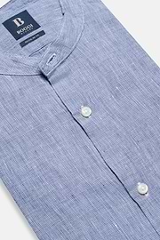 Chemise Col Mao en Lin, Bleu, hi-res