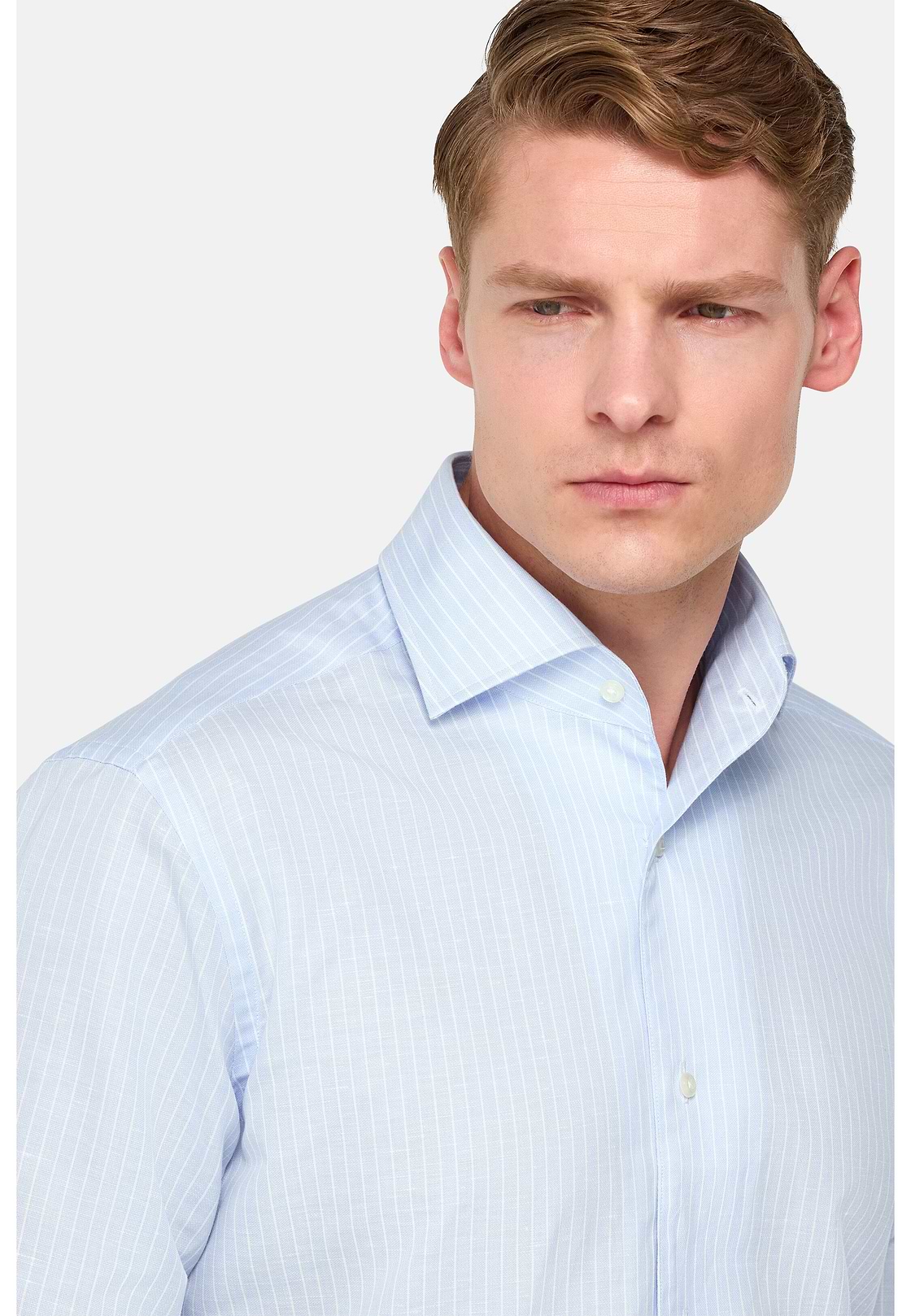 Chemise À Rayures En Coton Et Lin Regular Fit, Bleu clair, hi-res
