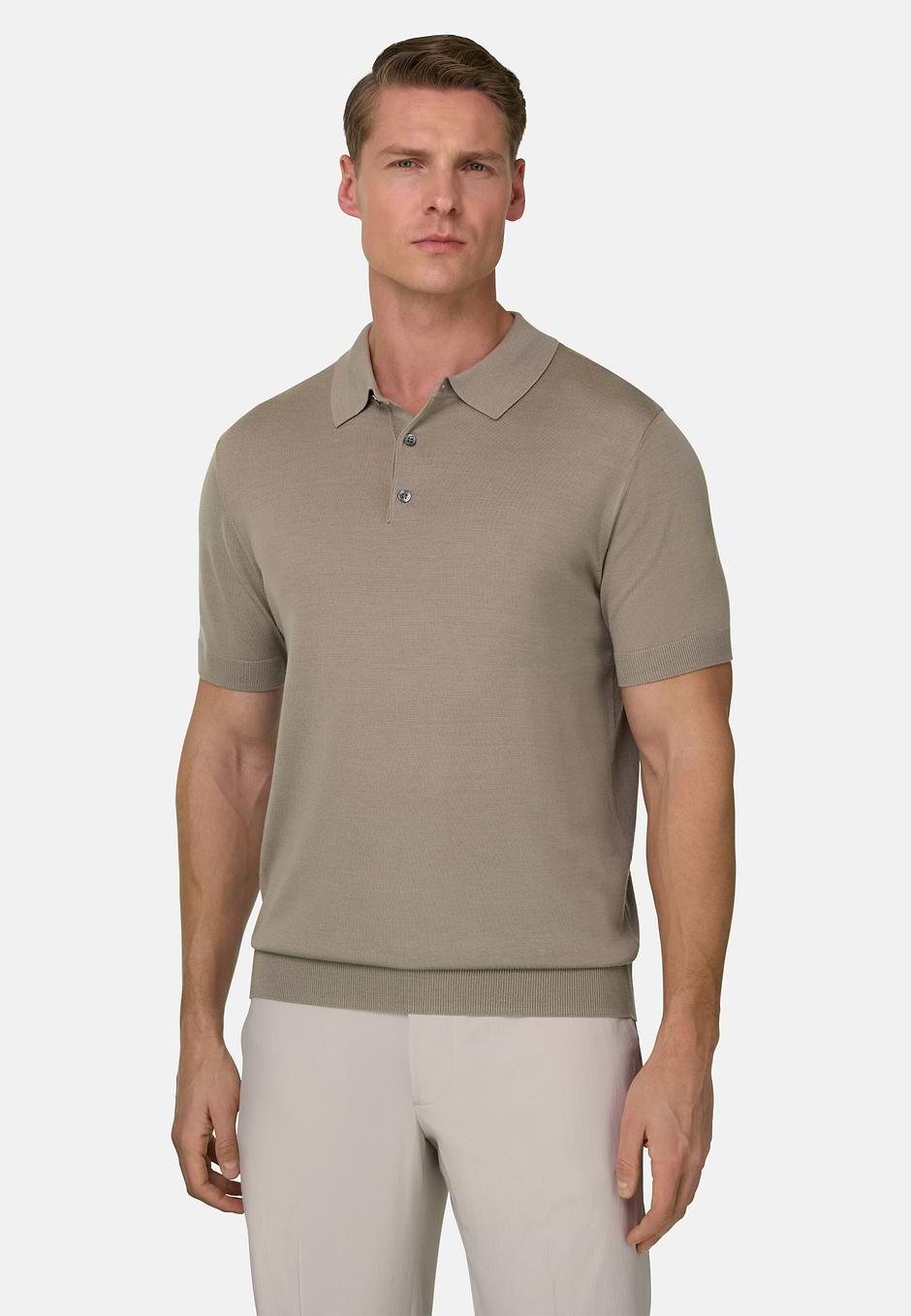 Strick-Poloshirt Aus Superfeiner Wolle, Taupe, hi-res