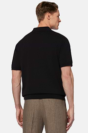 Black Cotton Crepe Knit Polo Shirt, Black, hi-res