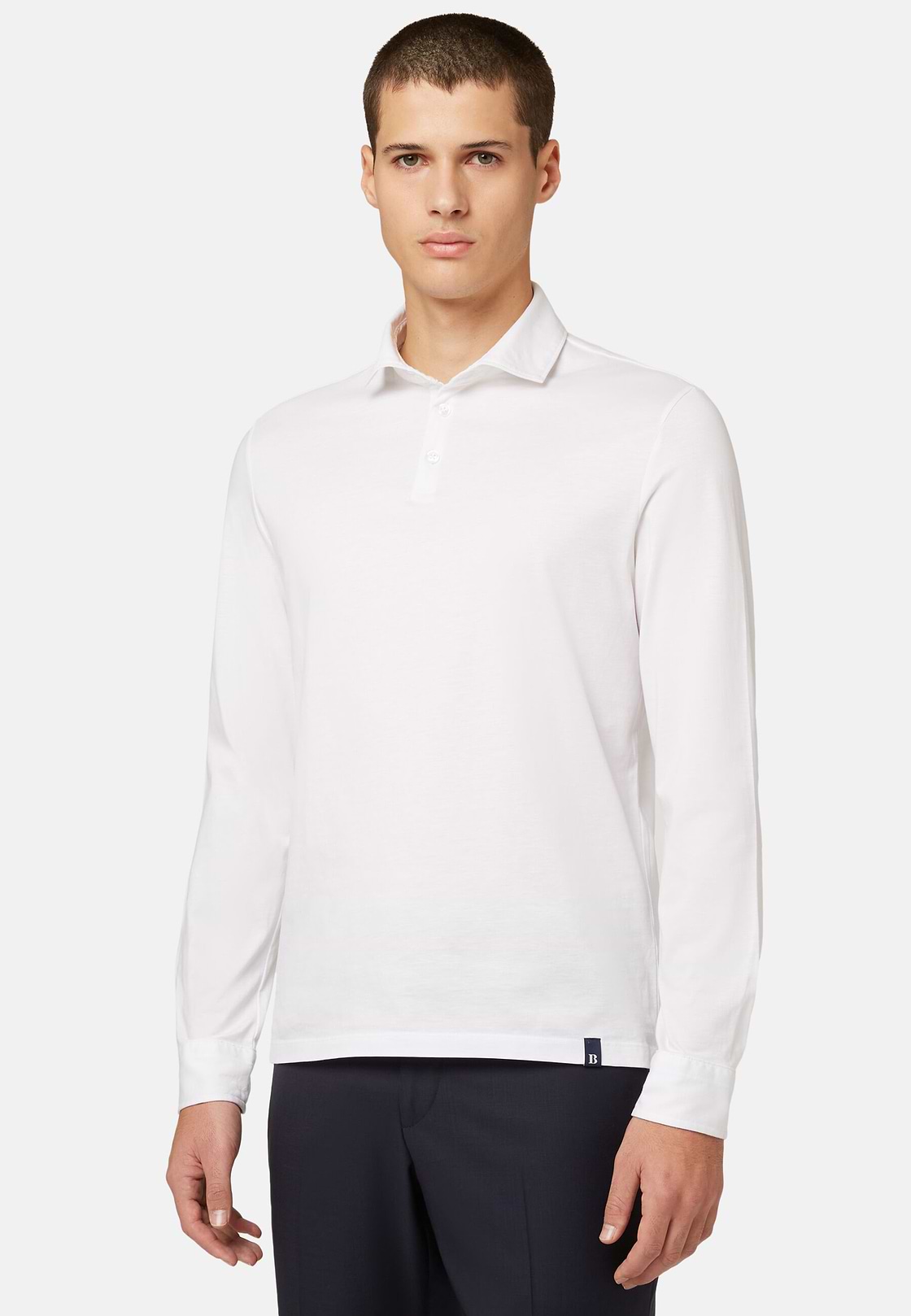 Polo In Jersey Di Cotone Pima Regular Fit Manica Lunga, Bianco, hi-res