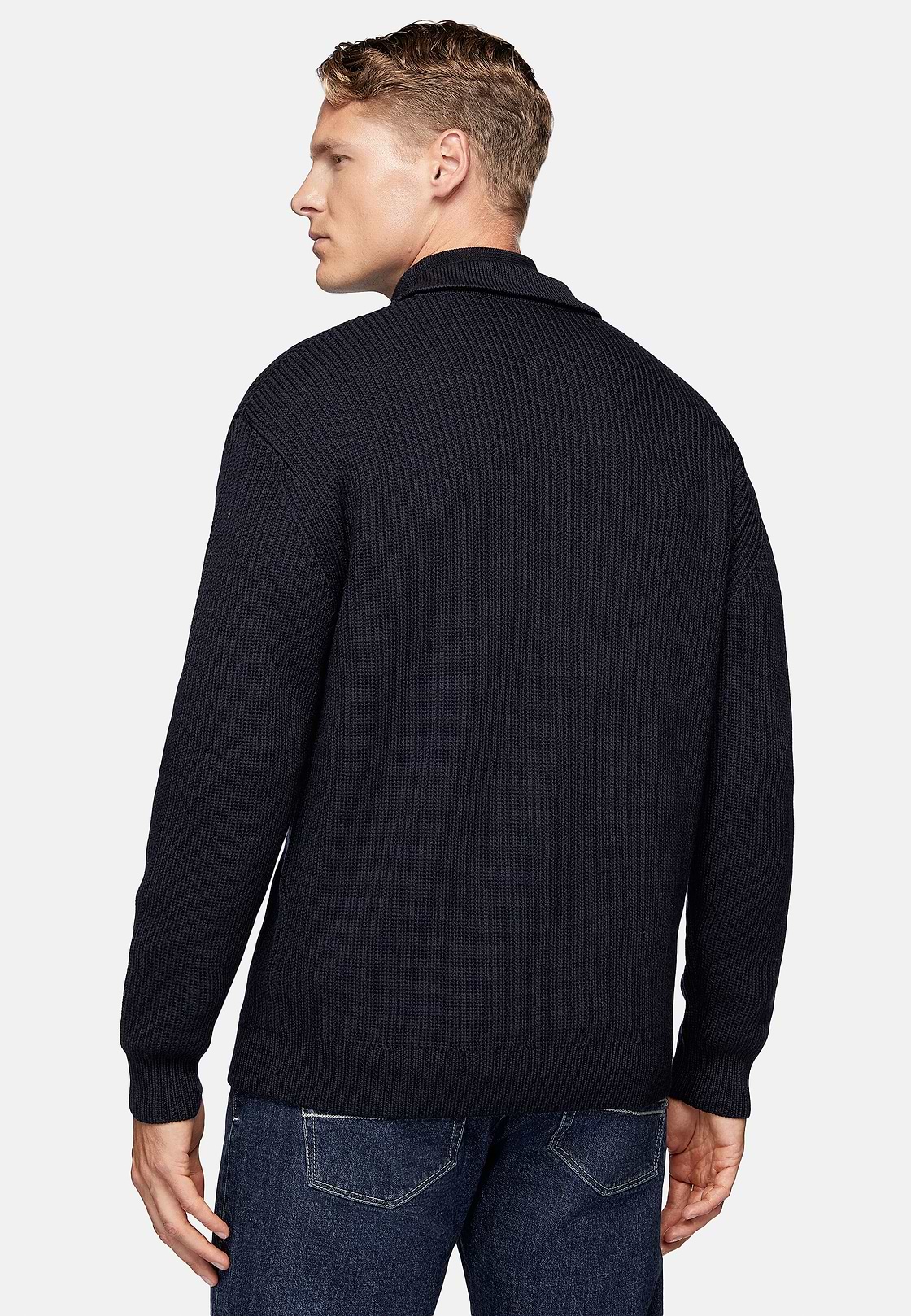 Cárdigan Azul Marino Cuello Camisero De Lana Merina, Azul  Marino, hi-res