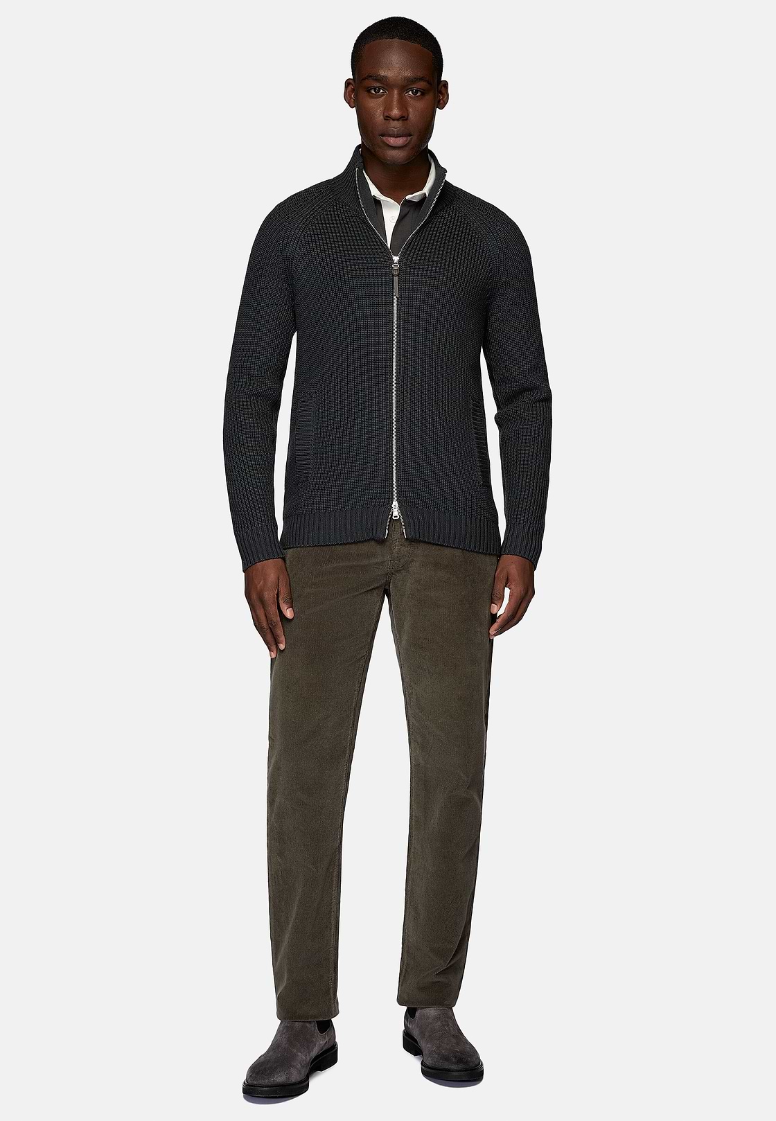 Charcoal Merino Wool Full Zip Jumper, Charcoal, hi-res