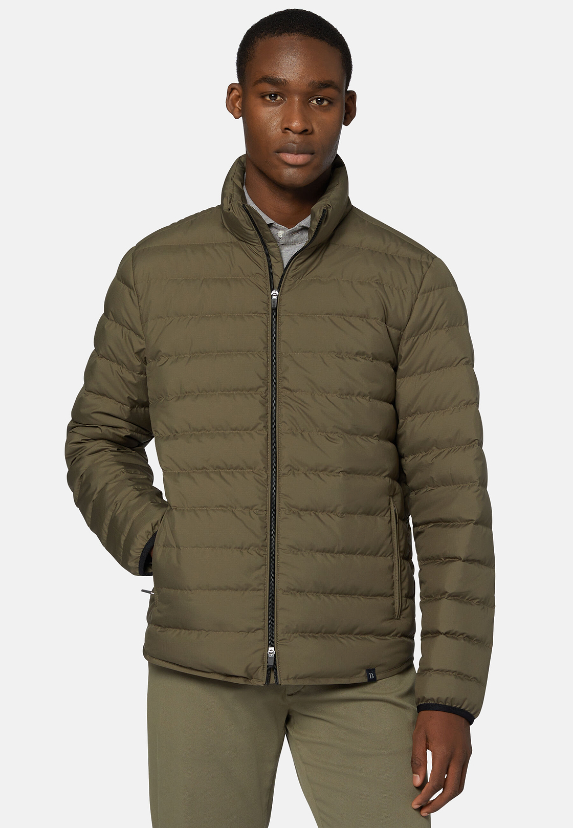 Quilted Nylon Real Down Bomber Style Sempione, Military Green, hi-res