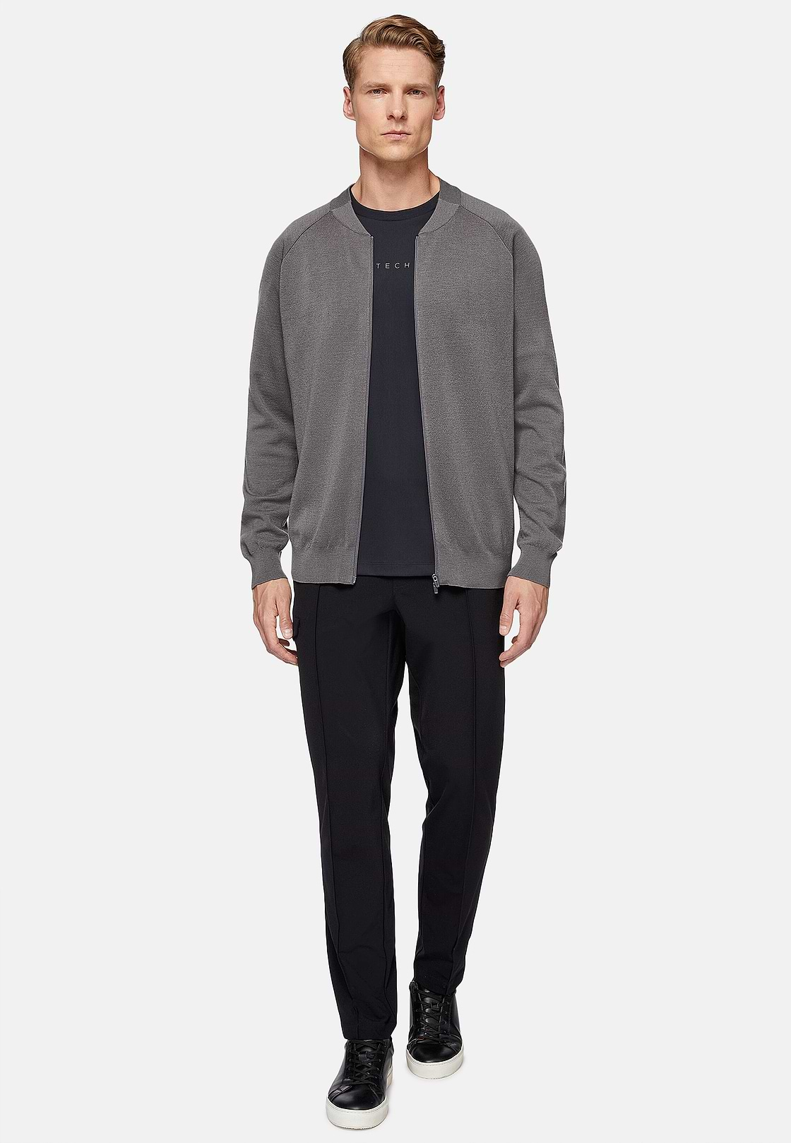 Dark Grey Merino Wool Tech Bomber Jacket, Dark Grey, hi-res