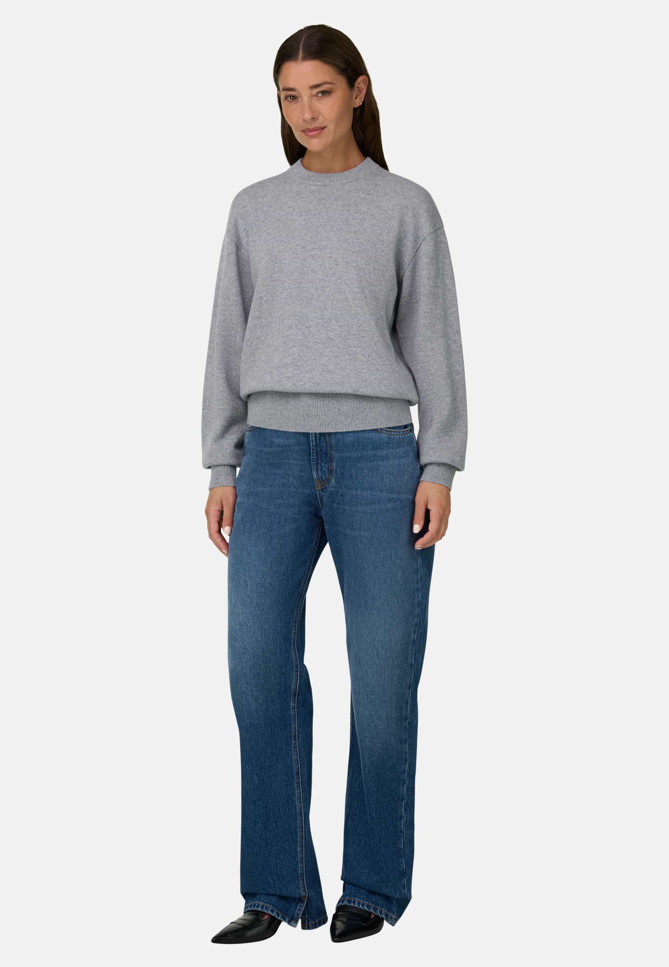 Woman's Crew Neck Jumper in Wool and Cashmere Knitted Fabric, Grey