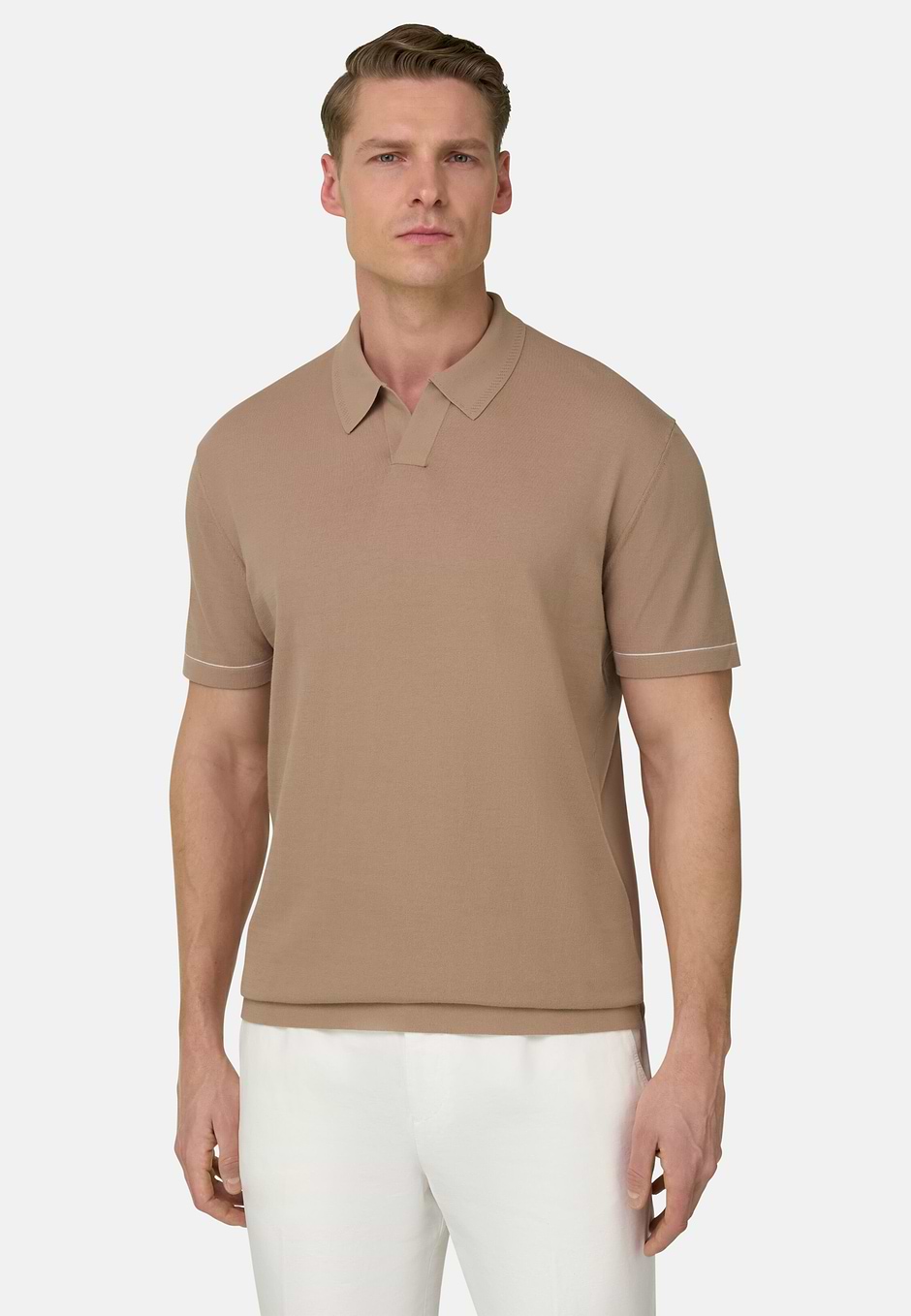 Polo De Punto De Crepé de Algodón, Beige, hi-res