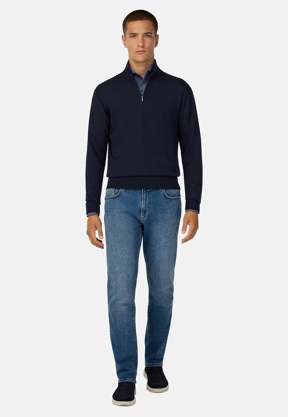 Pull Demi Zip En Laine Mérinos, bleu marine, hi-res
