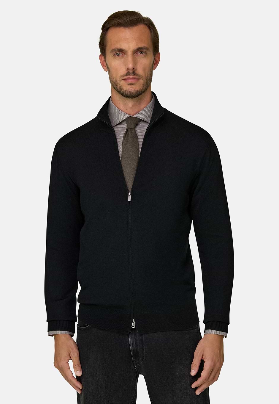 Full-Zip Jumper in Extrafine Merino Wool, Black, hi-res