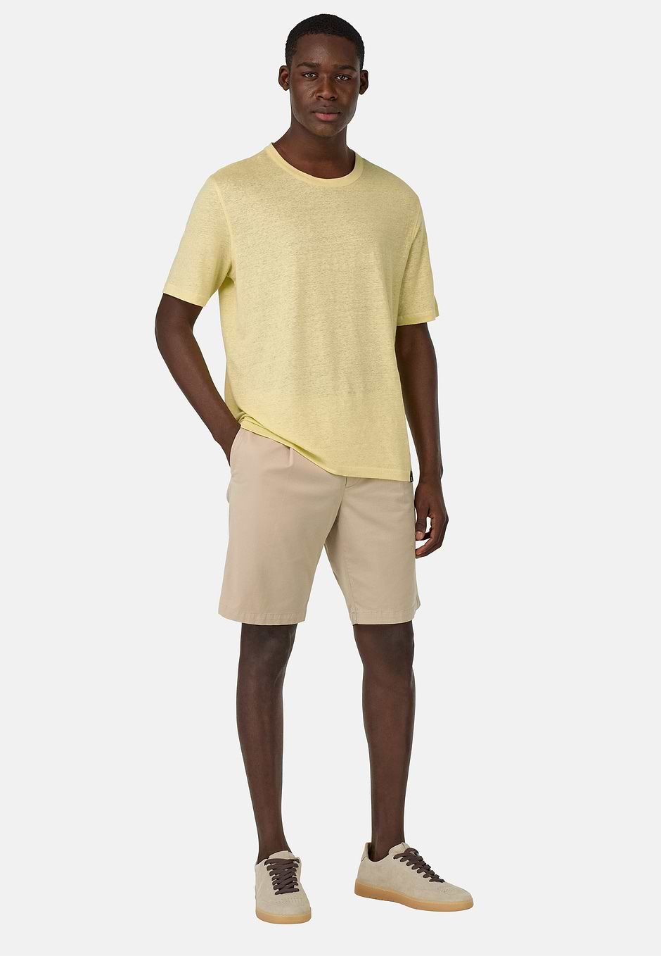 T-Shirt in Stretch Linen Jersey, Yellow, hi-res