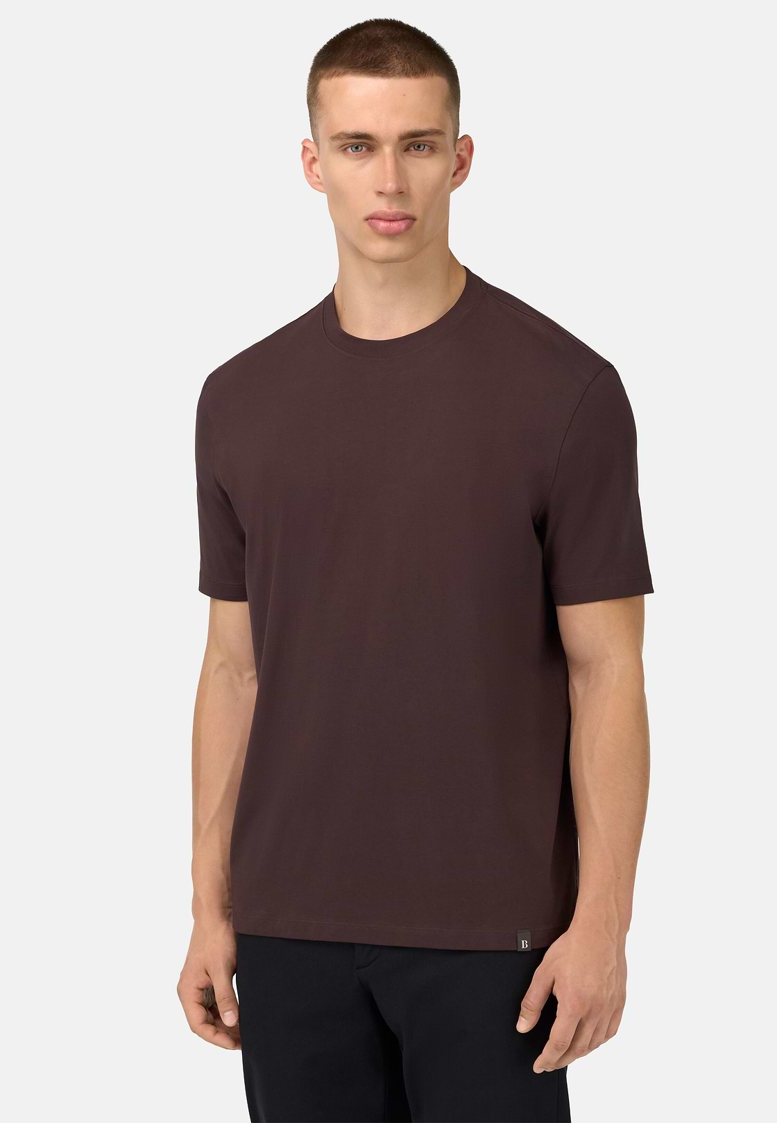 T-Shirt In Stretch Supima Cotton, Dark brown, hi-res