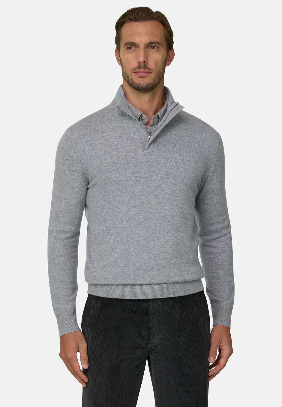Col montant demi-zip en laine cachemire mélange, Gris, hi-res
