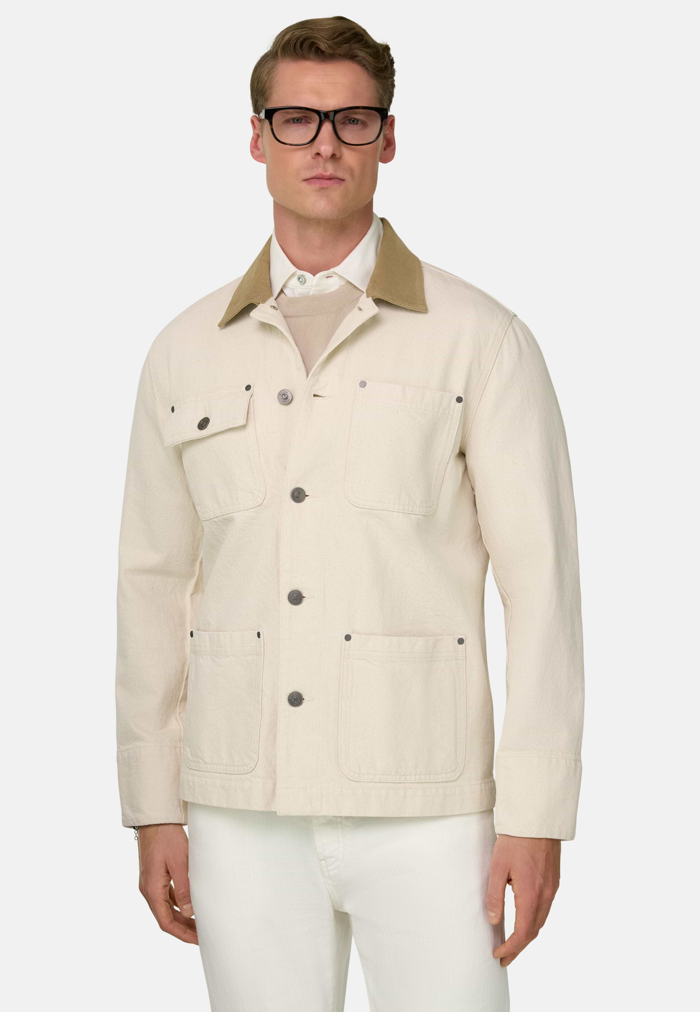 Men's Shirt Jacket in Cotton Denim, Cream | Boggi Milano
